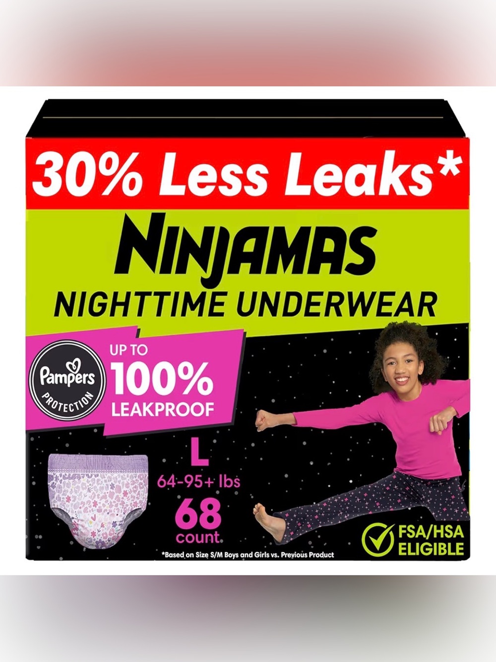 Ninjamas Nighttime Underwear - Pink (Large, 64-95+ lbs) - 68 Count